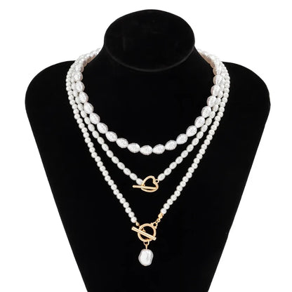 Multilayer Imitation Pearl OT Buckle Pendant Necklace Women Wed Bridal Goth Bead Chain Y2K Accessories Neck Jewelry Decoration