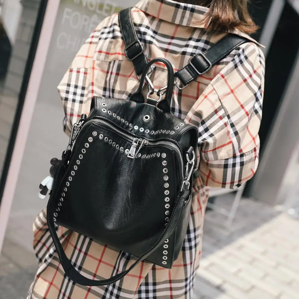 Luxury Women Genuine Real Leather Backpack Rivet Multifunctional Shoulder Bag Female Retro Travel Teenage Girl Fashion Schoolbag