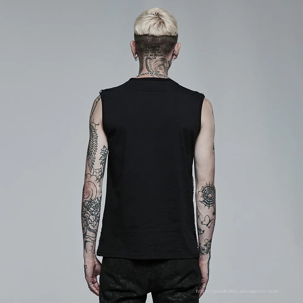 PUNK RAVE Men's Punk Style Daily Stylish Mesh V-neck Short Sleeve T-shirt Men Tank Casual Tops Spring and Summer Tees