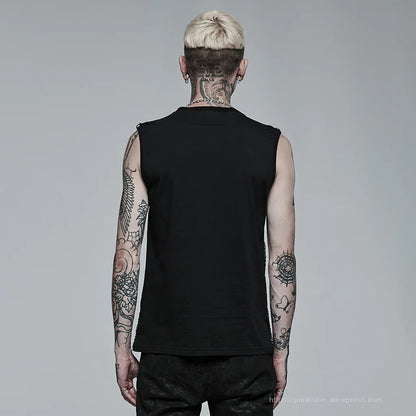 PUNK RAVE Men's Punk Style Daily Stylish Mesh V-neck Short Sleeve T-shirt Men Tank Casual Tops Spring and Summer Tees