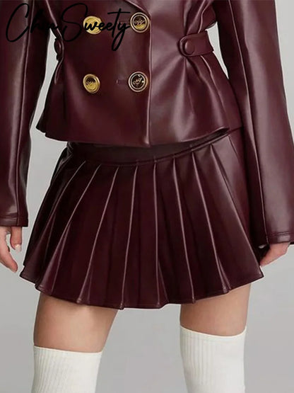 PU Leather Coat Pleated Mini Skirt Sets Women Lapel Double Breasted Long Sleeve Coats High Waist Skirts Set 2024 Lady Suits