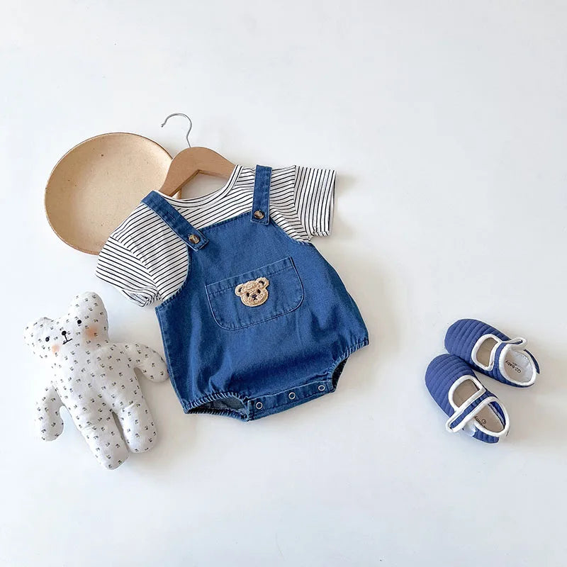 2024 Summer Baby Clothing Set Newborn Girls Striped T-shirt and Denim Bodysuits 2Pcs Boys Cool Suits