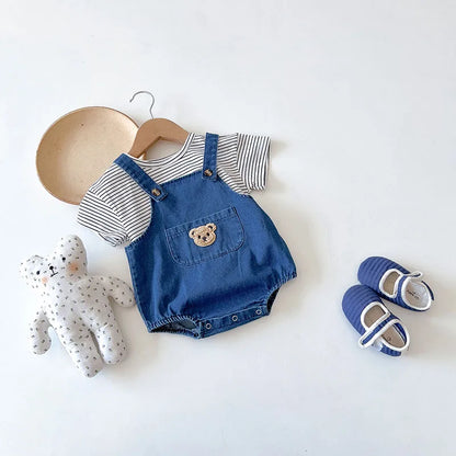 2024 Summer Baby Clothing Set Newborn Girls Striped T-shirt and Denim Bodysuits 2Pcs Boys Cool Suits