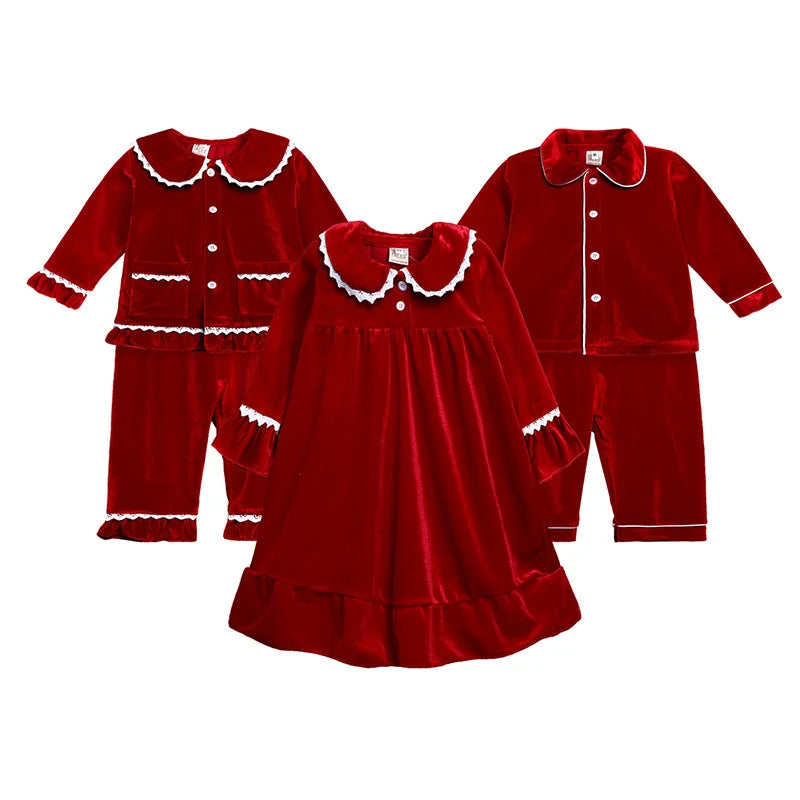 High Quality Red Velvet Matching Set Children's Clothing Women Men Boys Girls Pajamas Set New Year Costume Warm Thicken Pijamas