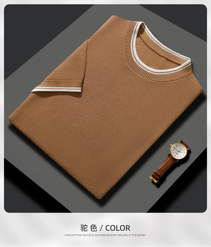 Summer New T-shirt Men's Round Neck Pullover Top Casual Knitted Mulberry Silk Short Sleeve Contrast Color Business Bottom Shirt