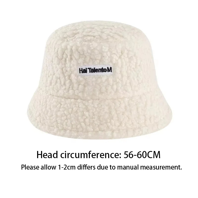 Winter Girl Boy Bucket Hat Cute Lamb Wool Letter Kids Fisherman Hat Solid Flat Top Hats Children Outdoor Thick Warm Sun Cap