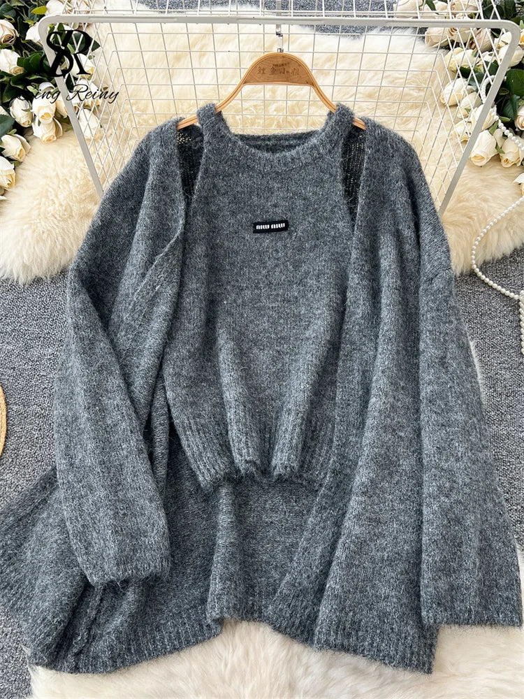 SINGREINY Fashion Solid Cashmere Sweater Long Sleeves Loose Warm Cardigan+Sleeveless Knitting Tank Top Winter Gentle Casual Tops