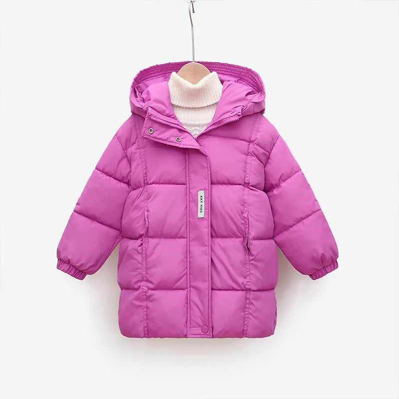 2024 Winter Teen Girls Jacket Long Solid Color Letter Print Thick Keep Warm Hooded Coat For 3-10Y Kids Down Cotton Snow Clothes