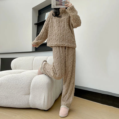 1 Set Winter Women Pajamas Warm Plush 2-Piece Sleepwear Set Stylish Solid Color Elastic High Waist Pullover Pajama Suit