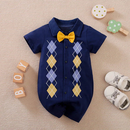 Baby Boys Girls Outfit Infant Clothes Toddler Jumpsuit Costume Romper Onesie Short Sleeve 100% Cotton Argyle Blue Newborn Casual