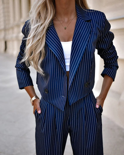 Two Piece Sets Women Striped Print Turn Down Collar Slim Fit Casual Full Sleeve Short Coats Straight Long Pants Suits Splice