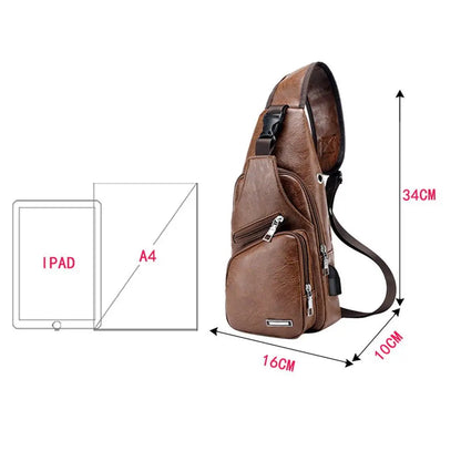 USB data cable charging chest bag casual fashion shoulder bag PU outdoor sports men's bag