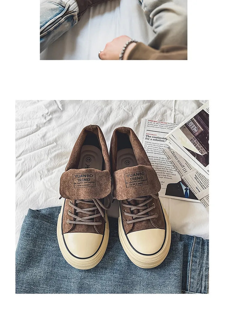 Vintage Brown Couples Casual Sneakers Comfort Suede Thick Sole Men's Shoes Trend Lace-up High Top Shoes Mens Vulcanized Sneakers