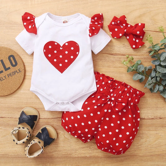 Baby Girl 0-18 Months 3PCS Clothing Set Love Short Sleeve Romper+Polka Dot Shorts+Headband Summer Daily Casual Newborn Baby Girl