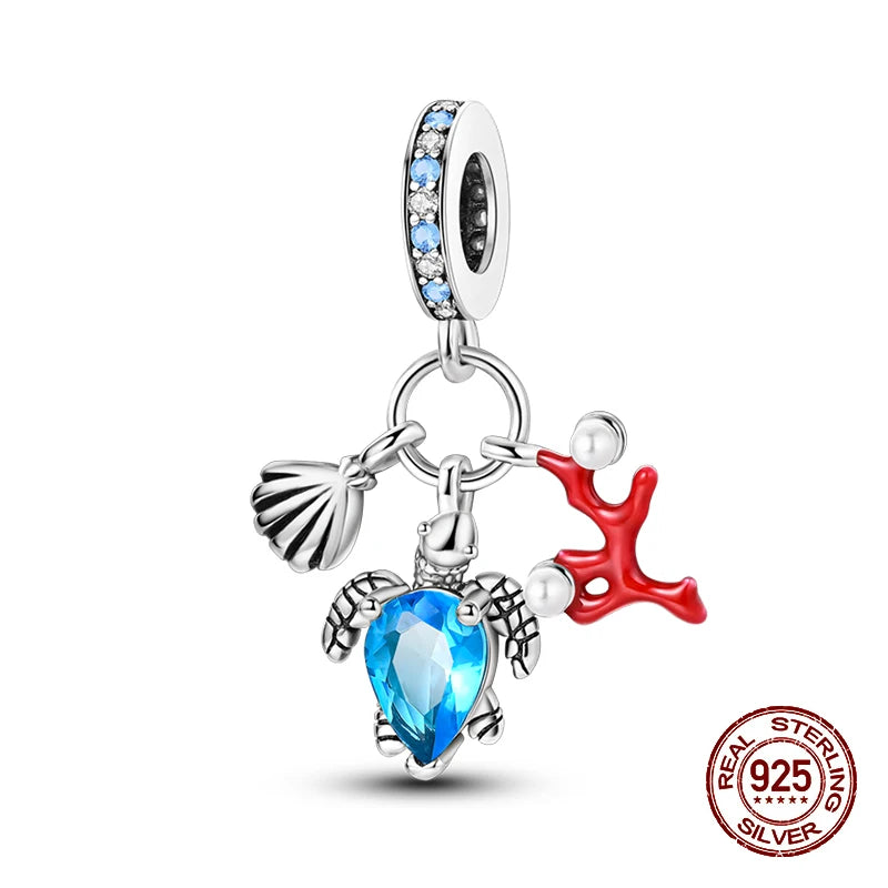 Summer New 925 Sterling Silver Crystal Turtle Coralline Holiday Charms Beads Fit Pandora 925 Original Bracelet Fine DIY Jewelry