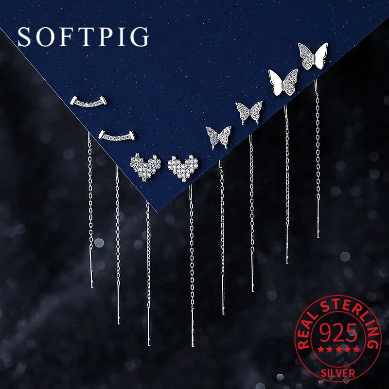 SOFTPIG Real 925 Sterling Silver Zircon CZ Butterfly Heart 5CM Short Tassel Drop Earrings For Women Cute Minimalist Fine Jewelry