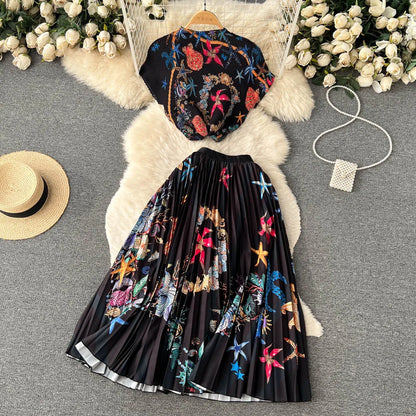 New Summer Runway Pleats Floral Print Two Piece Set Women Half High Collar Stretch Top+Elastic Waist Long Pleated Skirt Outfits