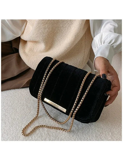 Gold Velvet Fabric Embroidered Small Square Bag With Single Shoulder Chain Bag Women's Crossbody Bag Embroidered Thread Women's