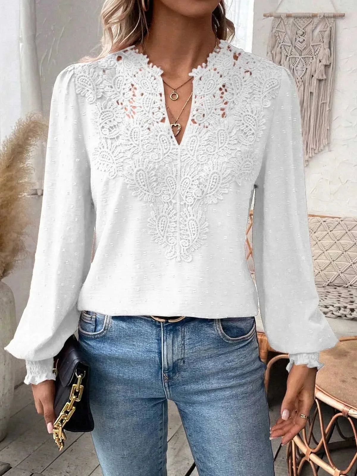 Women's Clothing 2024 Autumn Sexy V-neck Fashionable Lace Patchwork Polyester Solid Color Shirt Long Sleeved Shirt