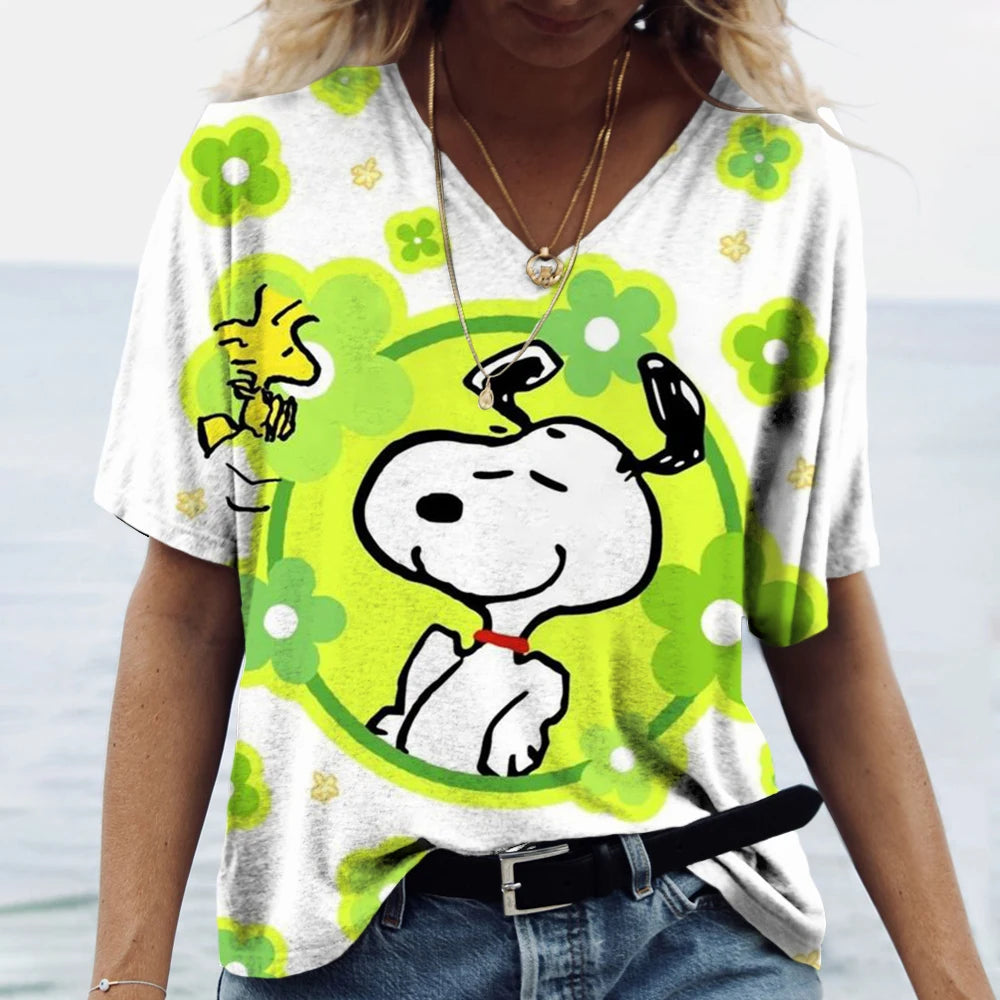 Women's T-shirts Disney Snoopy 3D print New V-neck Short Sleeve Summer Casual Women's Clothing Harajuku Y2K Hip Hop Clothe