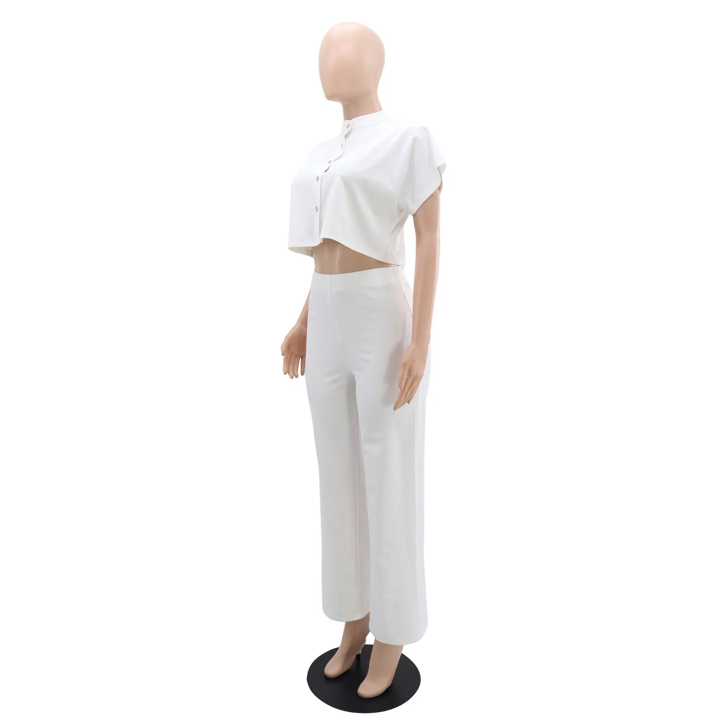 White Short Sleeve Shirt Tops Casual Wide Leg Pants Short Cardigan Top Solid Color Straight Pants Women Two-Piece Sets Outfits