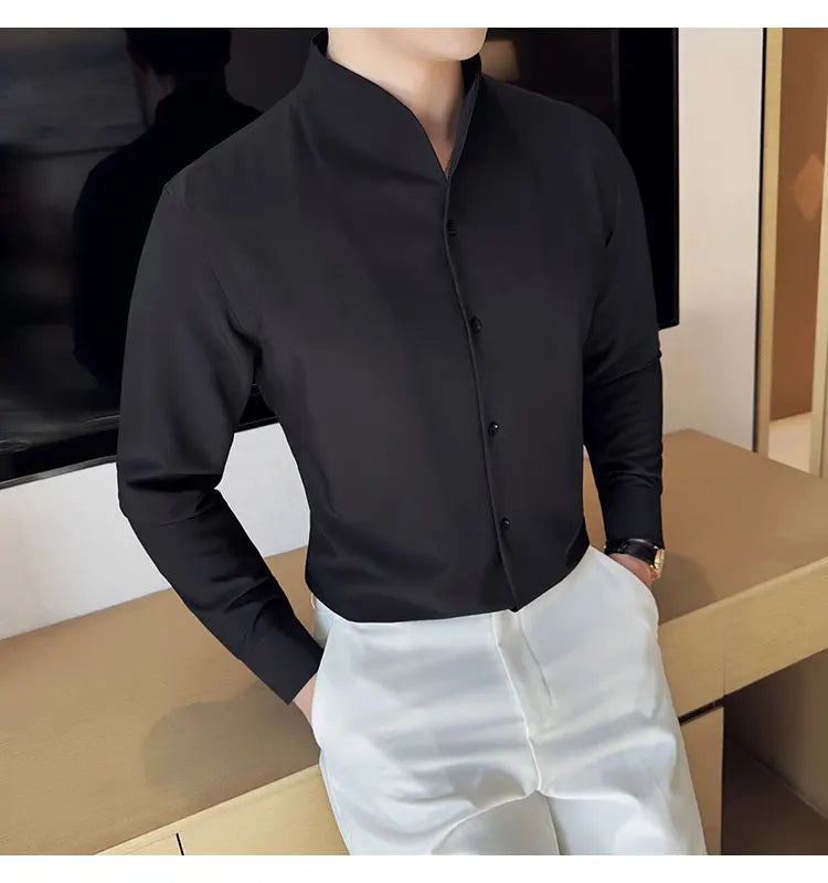 Brand Clothing Men's High Quality V-neck Long Sleeve Shirts Male Slim Fit Fashion Solid Color Office Dress Shirt 4XL-M