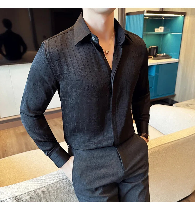 Luxury Korean Pleated Stripe Shirts For Men's High Quality Long Sleeve Slim Fit Casual Shirt Formal Social Party Tuxedo 4XL-M