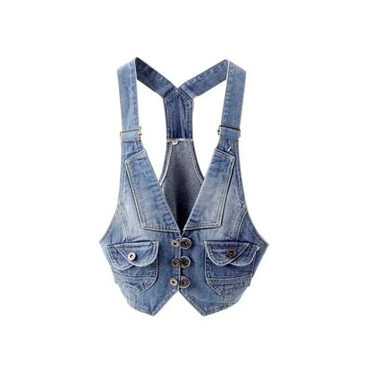 2024 Summer Vintage Sling Denim Vest Women Waistcoat Casual Cowboy Sleeveless Jacket Korean Slim Short Jeans Vests Coat