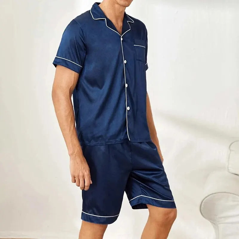 New Men's Satin Pajama Set For Summer Casual Pijama Button Down Pocket Short Sleeve Shirt With Shorts Loungewear Sleepwear Set