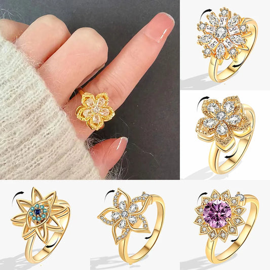 Sunflower Crystal Anti Stress Anxiety Ring Fidget Spinner Rings Adjustable for Women Metal Sakura Rotating Rings Anillos Mujer