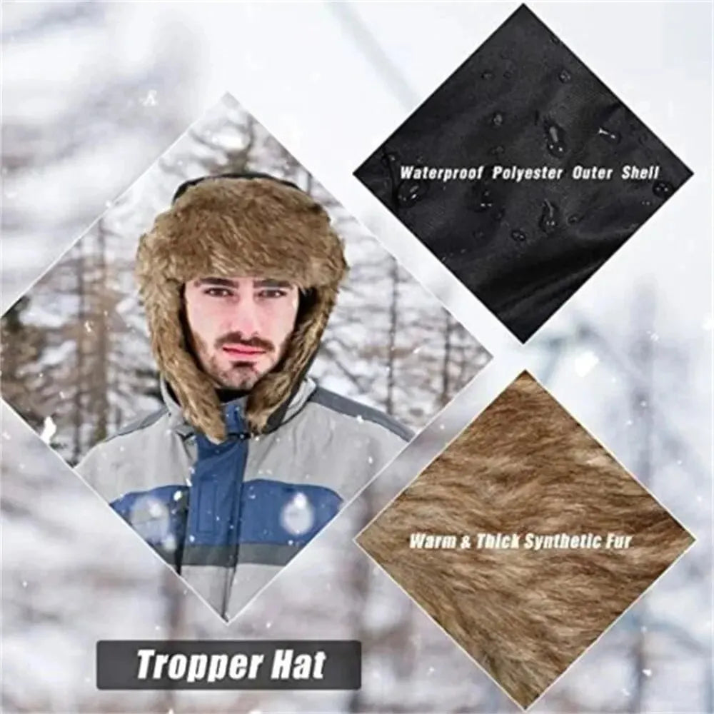 Men's Winter Trapper Aviator Trooper Earflap Warm Russian Waterproof Ski Hat Bomber Cap Russian Warm Ear Protectors Hats