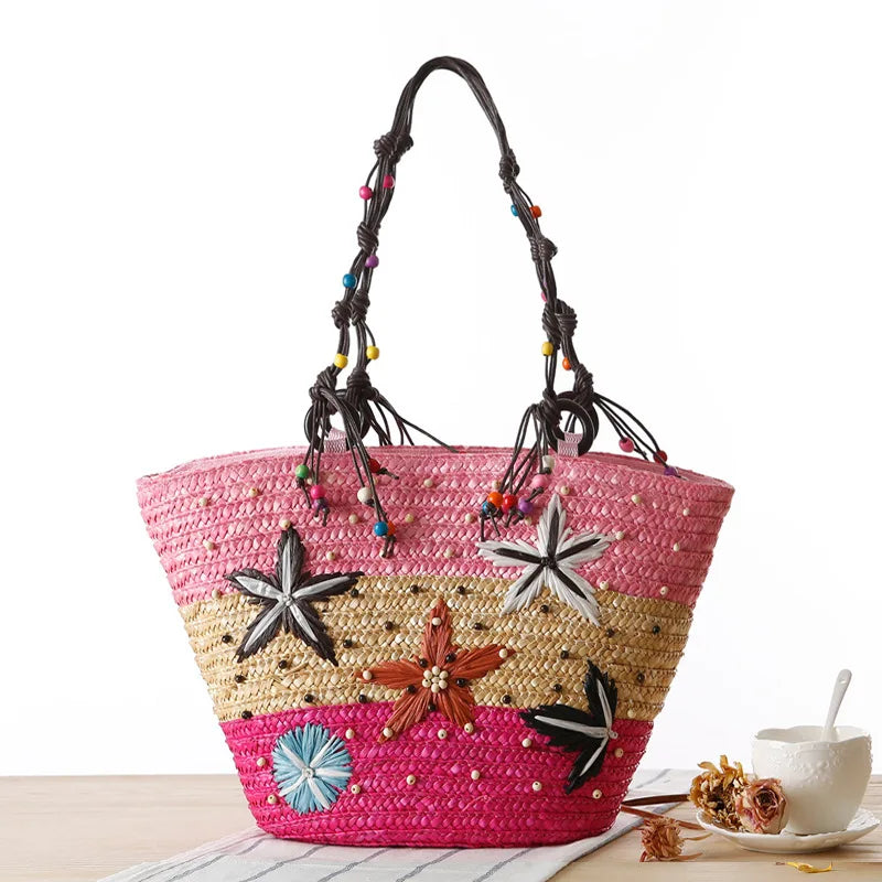 Women's New Bohemian Hand Embroidered Starfish Straw Woven Bag Beaded Handbags For Ladies Summer Handle Tote Shoulder Bag