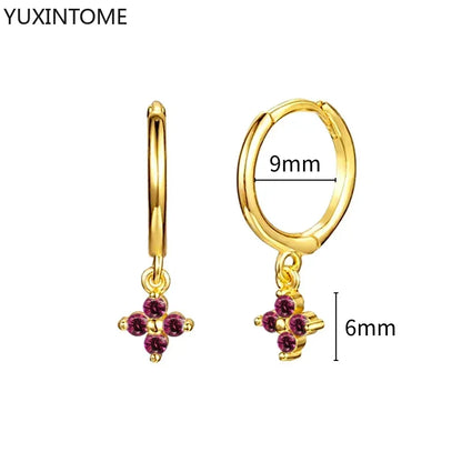 925 Silver Ear Needle Rose Red Hoop Earrings For Women Exquisite Water Drop/Flower/Heart Crystal Piercing Huggie Earring Jewelry