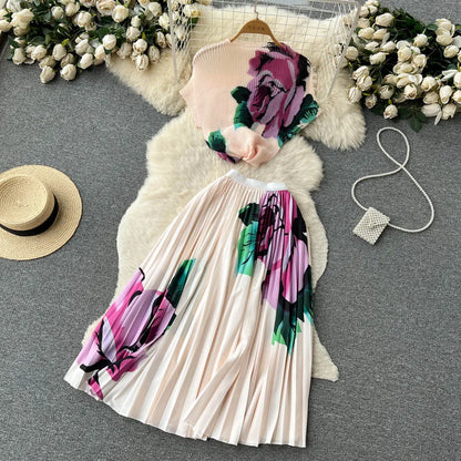 New Summer Runway Pleats Floral Print Two Piece Set Women Half High Collar Stretch Top+Elastic Waist Long Pleated Skirt Outfits