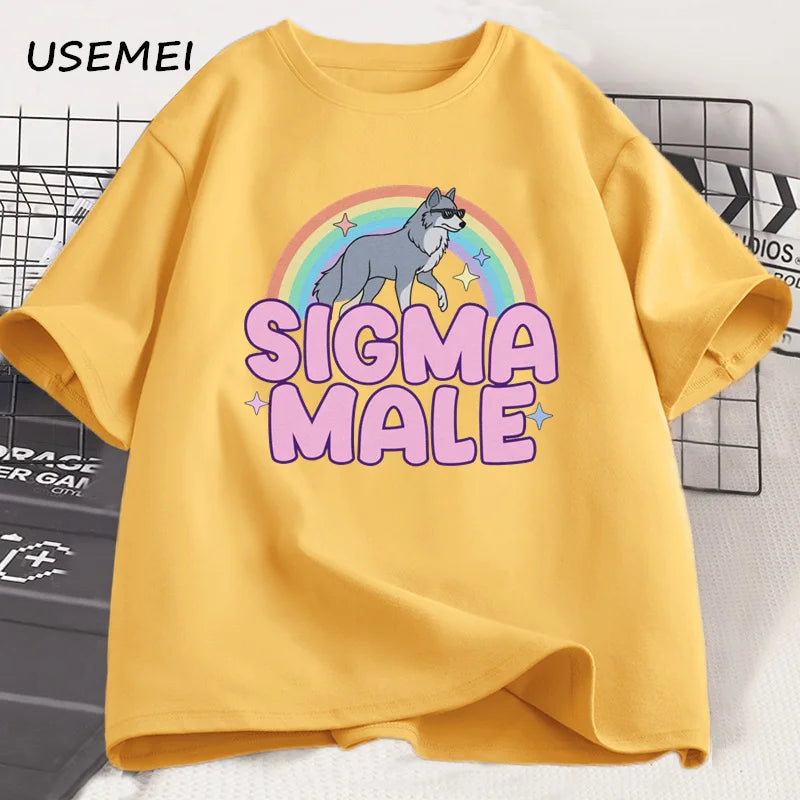 Sigma Male Lone Wolf T Shirt Funny Weird Rainbow Wolf Graphic Tee Men Women Casual Trendy Loose T-shirt Men's Clothing