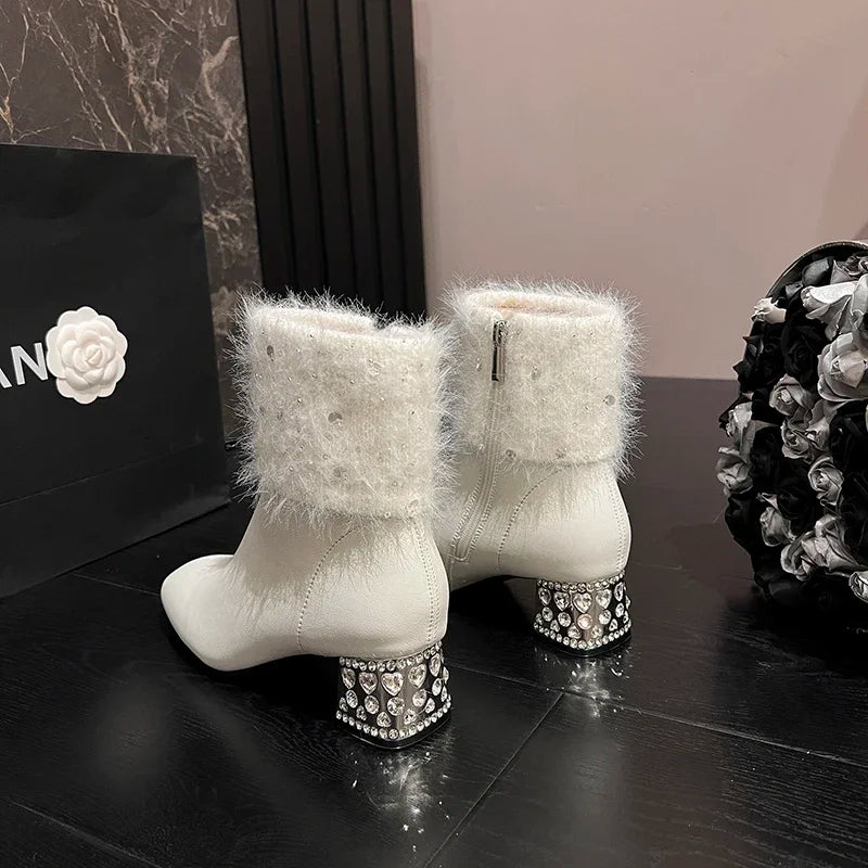 Women Ankle Boots Crystal Fur Leather High Heels Shoes Woman 2025 Trend Pointed Toe Chunky Fashion Elegant Winter Botas De Mujer