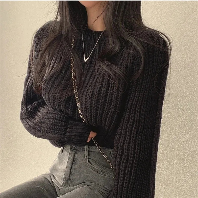 Loose Vintage Harajuku Lantern Long Sleeve Women Sweater Korean Autumn Winter Knitwear Soft Warm Tops Chic Solid Femme Sweater