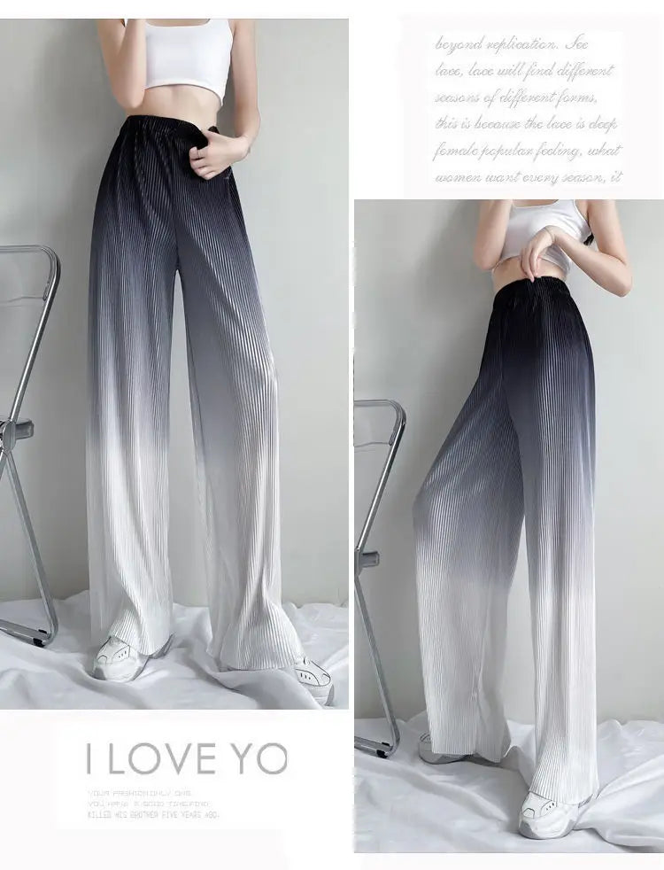 2022 Summer New Gradient Color Ice Silk Wide Leg Pants High Waist Thin Loose Straight Casual Trousers Comfortable Women Clothing