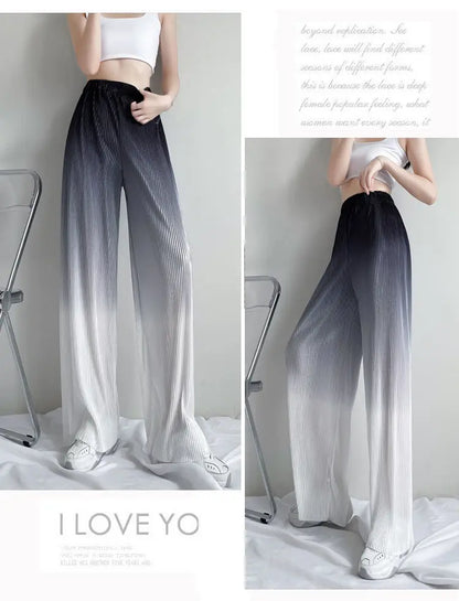 2022 Summer New Gradient Color Ice Silk Wide Leg Pants High Waist Thin Loose Straight Casual Trousers Comfortable Women Clothing