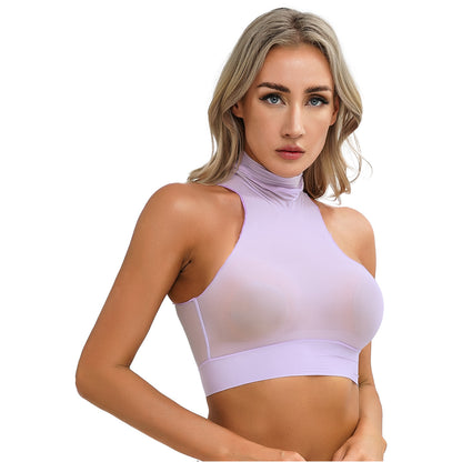 Womens Glossy Crop Tops Mock Neck Sleeveless Sheer See-Through Slim Fit Vest Tops for Swimwear Pool Party Clubwear Nightwear