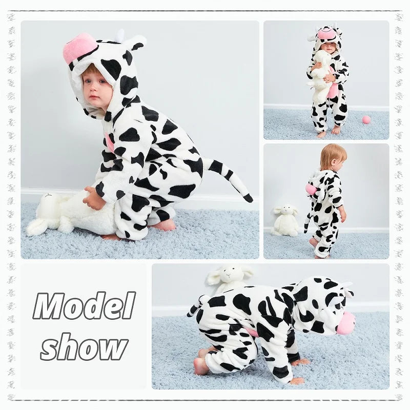 MICHLEY Halloween Cow Flannel Baby Rompers Winter Clothes Costume Hooded Bodysuits Pajamas Animals Overall Jumpsuit For Girl Boy