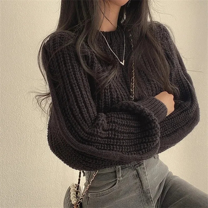 Loose Vintage Harajuku Lantern Long Sleeve Women Sweater Korean Autumn Winter Knitwear Soft Warm Tops Chic Solid Femme Sweater