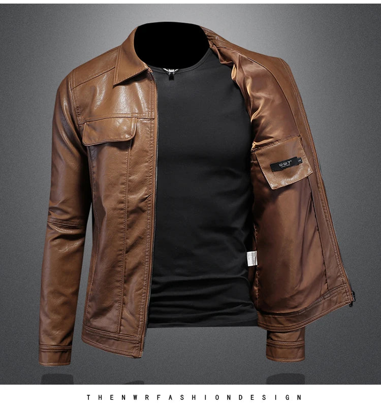 Men's Jacket Spring and Autumn Handsome Solid Color Collar Motorcycle Leather Coat Slim Fashion Leather Jacket M-5XL