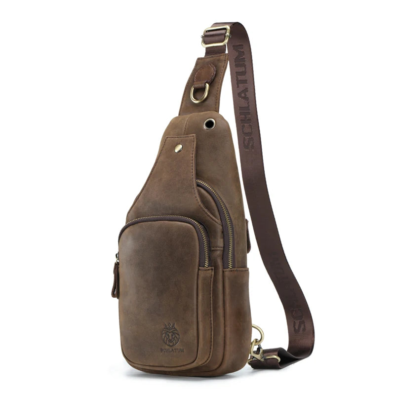 SCHLATUM Chest Bag 100%Genuine Leather Casual Triangle Crossbody Design Travel Shoulder Backpack Men Leather Multifunctional Bag