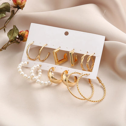 Bohemia Vintage Pearl Circle Hoop Earring Set for Women Girls Heart Butterfly ShapeDrop Earring Zircon Ear Studs Jewelry