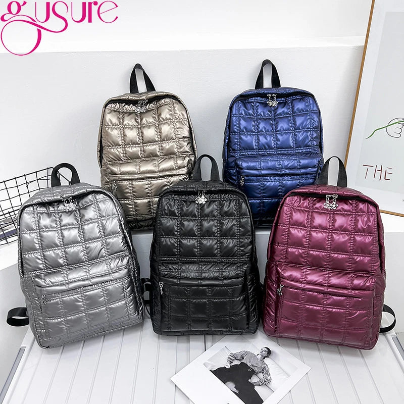 Gusure Winter Space Down Women's Backpack Fashion Quilted Plaid Female School Bags for Girls Casual Large Capacity Handbag bolsa