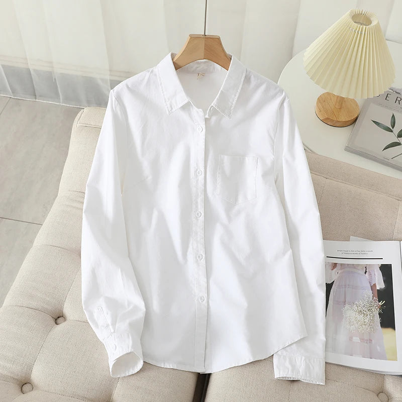 Women's Casual Cotton Oxford Shirt 2023 New Woman Striped Blouse and Tops Simple Solid Lady White Blue Shirts Clothes