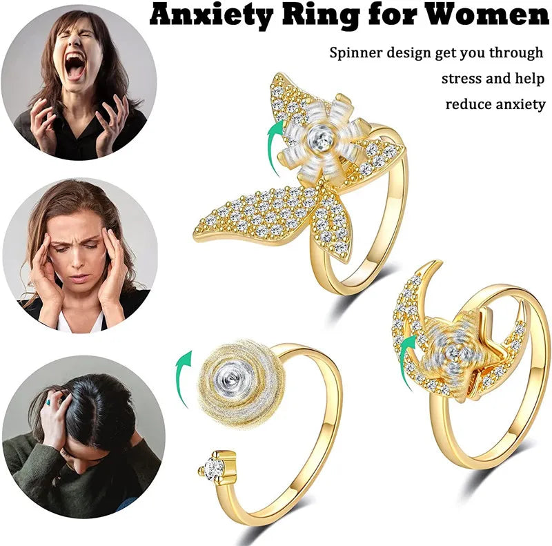 Sunflower Crystal Anti Stress Anxiety Ring Fidget Spinner Rings Adjustable for Women Metal Sakura Rotating Rings Anillos Mujer