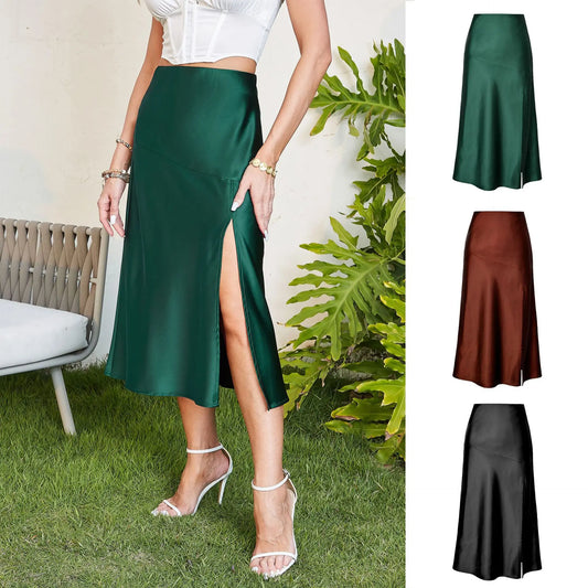 2025 Women Split Skirts Summer Fashion Soft satin skirt women's high waist A-line skirts sexy Female Skirts