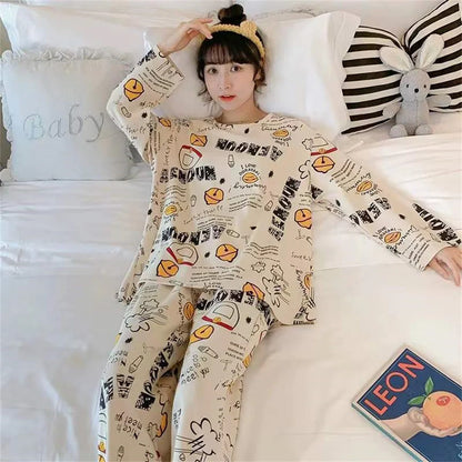 2PCS/Set Women's Clothes Spring and Fall Pajamas Long-Sleeved Cartoon Cute Sweet Floral Young Girl Homewear Outside Loungewear